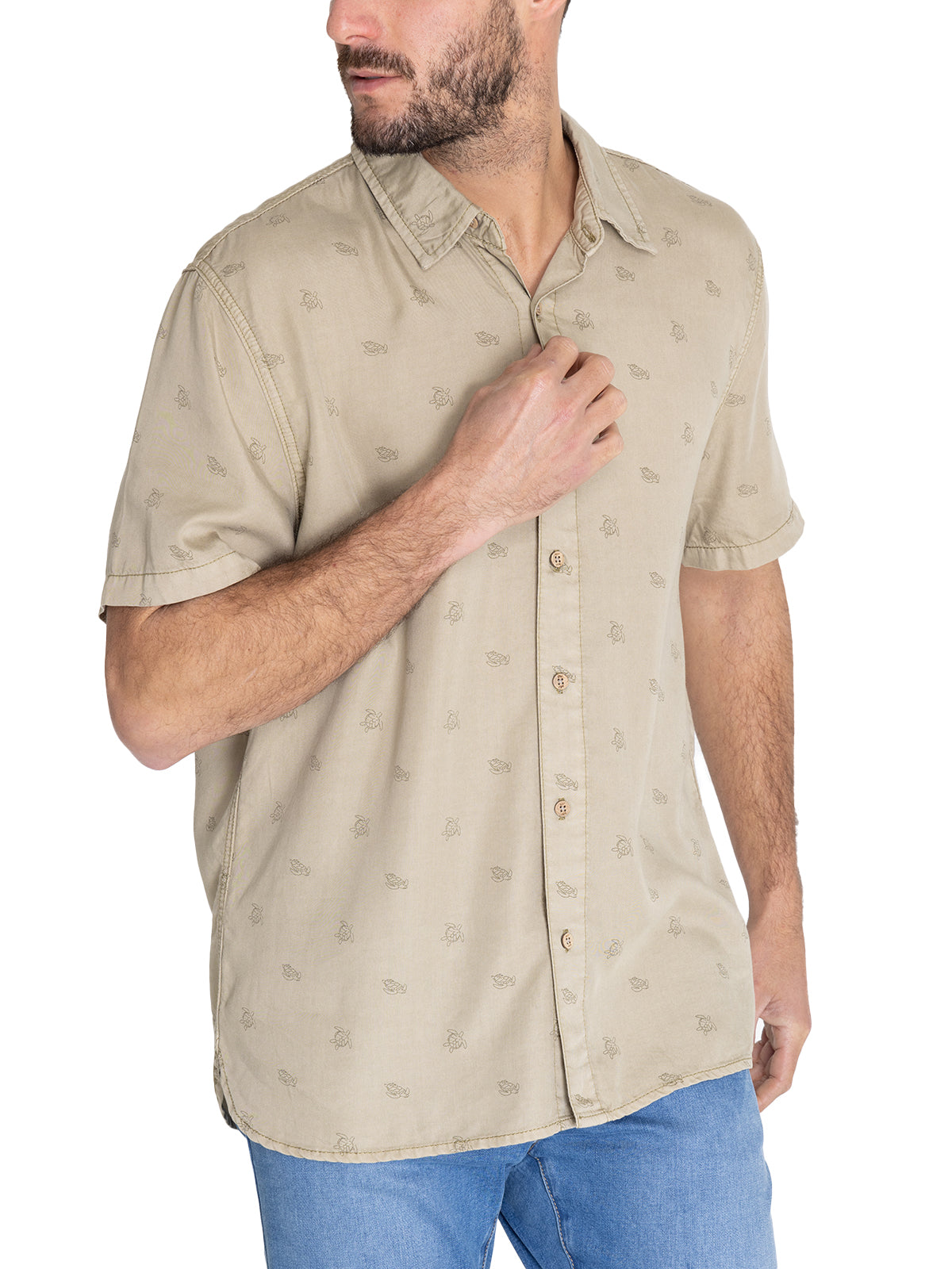 Camisa M/C H Tencel Print Turtle Verde Oliva Hombre 5